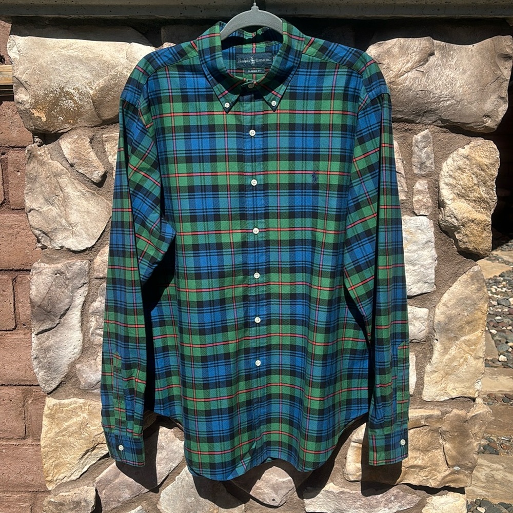 Vintage Ralph Lauren Plaid Button Down Classic Fit Long Sleeves Sz XL 90s Blue